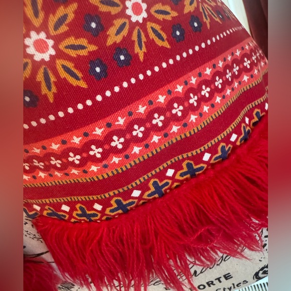 Vintage 70s Sears Fringe Vest Folk Striped Hippie Boho Floral Bright Red Orange - Picture 4 of 6